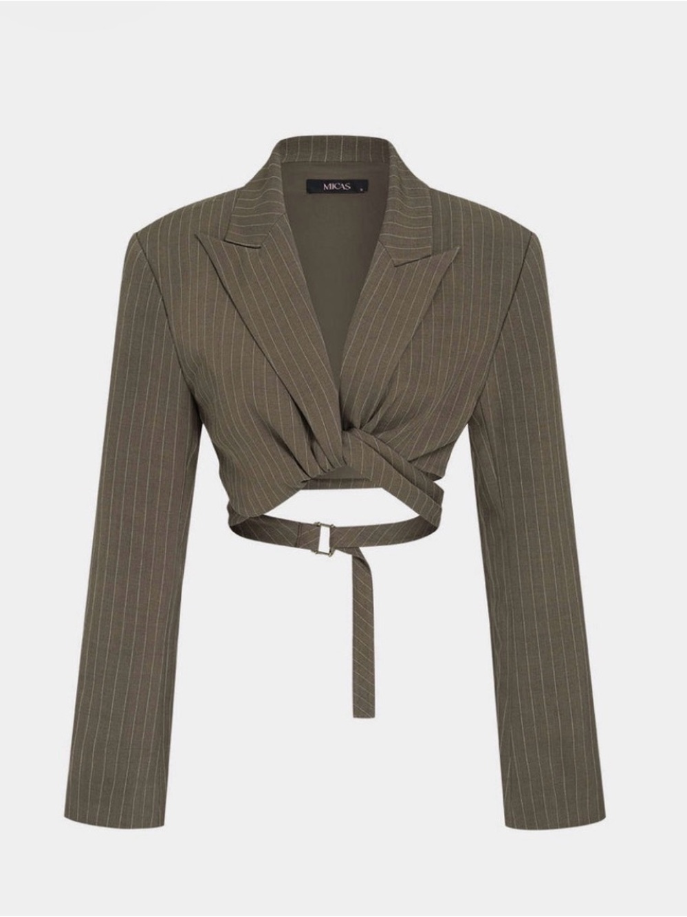 MICAS Olive Pinstripe Cropped Wrap Blazer